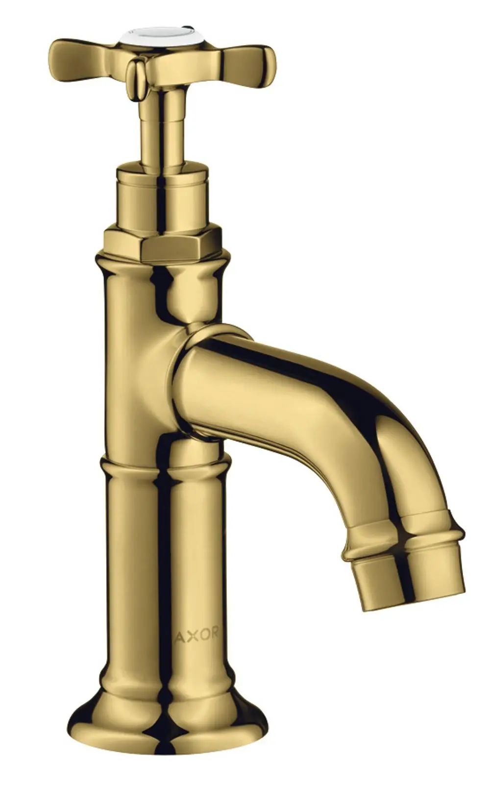Stehendes Ventil mit Kreuzgriff in glänzendem Gold, ohne Ablaufgarnitur. Das Produkt stammt von der Marke AXOR und eignet sich für Badezimmeranwendungen.